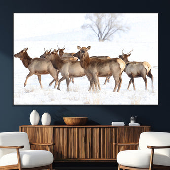 41416314-SEG-FC-51X34_Oversize_Oversize-Elk Wall Art – Wildlife Herd Canvas Print in Snowy Landscape, Rustic Nature Painting, Western Cabin Lodge Decor for Living Room,