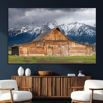 15173627-SEG-FC-51X34_Oversize_Oversize-Barn Wall Art – Rustic Wooden Cabin Canvas Print with Snowy Mountain Landscape, Western Farmhouse Country Decor for Living Room,