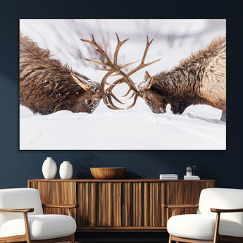 99240306-SEG-FC-51X34_Oversize_Oversize-Elk Wall Art – Two Bull Elk Fighting in Snow Canvas Print, Rustic Wildlife Artwork for Cabin, Lodge, Western Farmhouse, Nature &