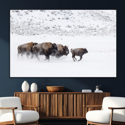 61161423-SEG-FC-51X34_Oversize_Oversize-Running Bison Herd Wall Art – Winter Buffalo Canvas Print, Wildlife Photography Decor for Rustic Living Room, Farmhouse, Lodge,