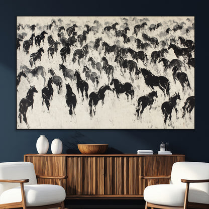 29265745-SEG-FC-51X34_Oversize_Oversize-Wild Horse Herd Wall Art – Black and White Galloping Horses Canvas Print, Rustic Western Farmhouse Décor for Living Room, Bedroom,