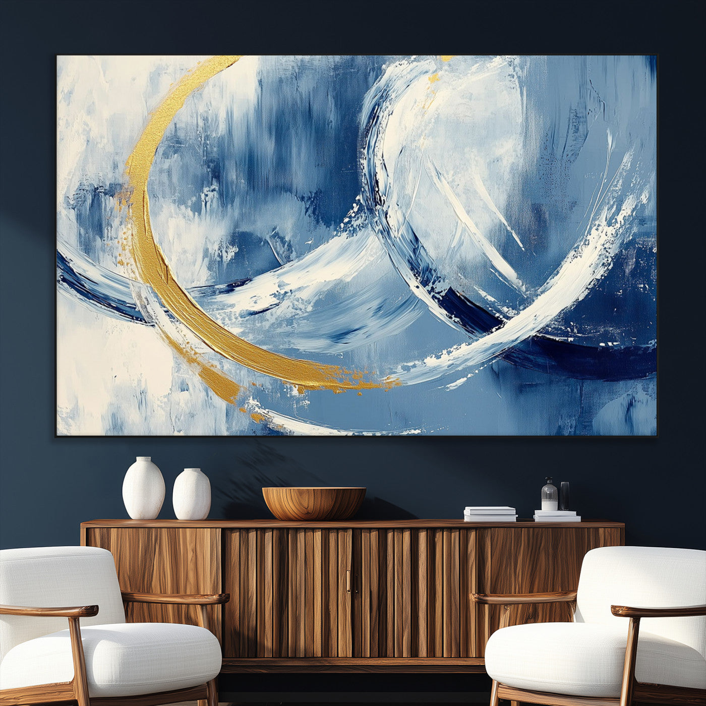 42475677-SEG-FC-51X34_Oversize_Oversize-Blue and Gold Abstract Wall Art – Modern Luxury Canvas Print, Navy White Brushstroke Painting, Contemporary Home Office Living