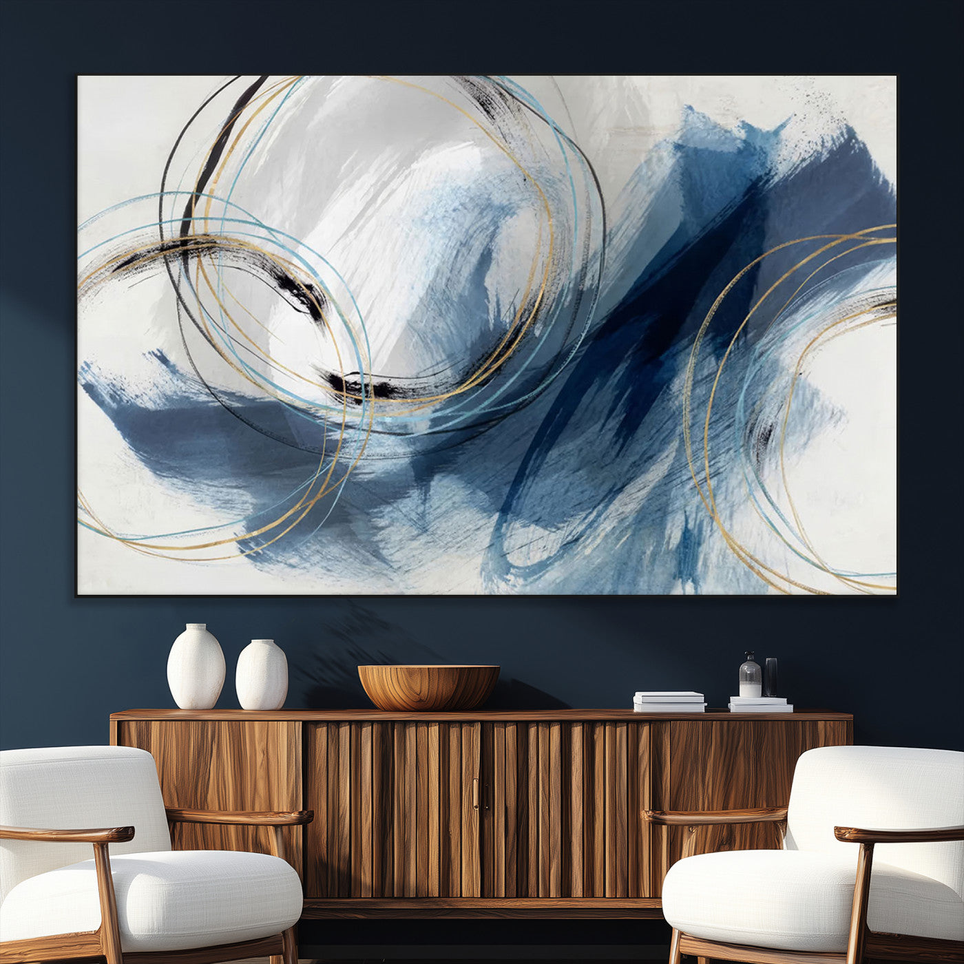 49589477-SEG-FC-51X34_Oversize_Oversize-Blue Abstract Wall Art – Modern Circle Canvas Print with Gold and Black Accents, Contemporary Fluid Brushstroke Painting for