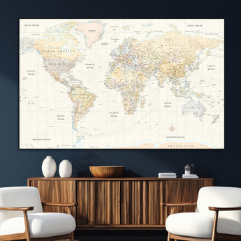 40660043-SEG-FC-51X34_Oversize_Oversize-World Map Wall Art – Large Detailed Atlas Style Map Print with Countries, Cities, and Oceans, Neutral Beige and Tan Educational