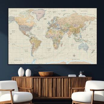 41929777-SEG-FC-51X34_Oversize_Oversize-World Map Wall Art – Large Detailed Political Atlas Style Map Print with Countries, Cities, and Oceans, Warm Earth Tone