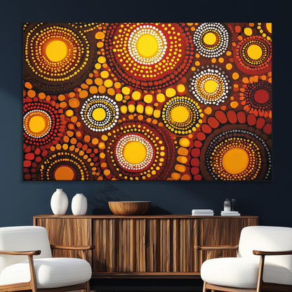 81120549-SEG-FC-51X34_Oversize_Oversize-Abstract Dot Painting Wall Art – Vibrant Tribal Boho Style Canvas Print with Sunburst Mandala Circles in Warm Red, Yellow, Orange