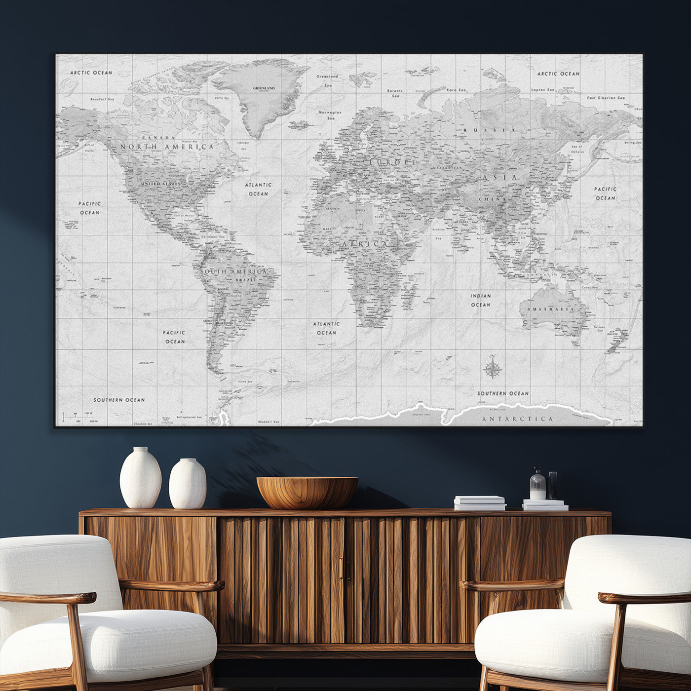 10516725-SEG-FC-51X34_Oversize_Oversize-Black and White World Map Wall Art – Minimalist Grayscale Canvas Print – Modern Detailed Travel Map Poster for Home, Office, or