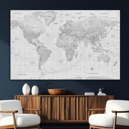 10516725-SEG-FC-51X34_Oversize_Oversize-Black and White World Map Wall Art – Minimalist Grayscale Canvas Print – Modern Detailed Travel Map Poster for Home, Office, or