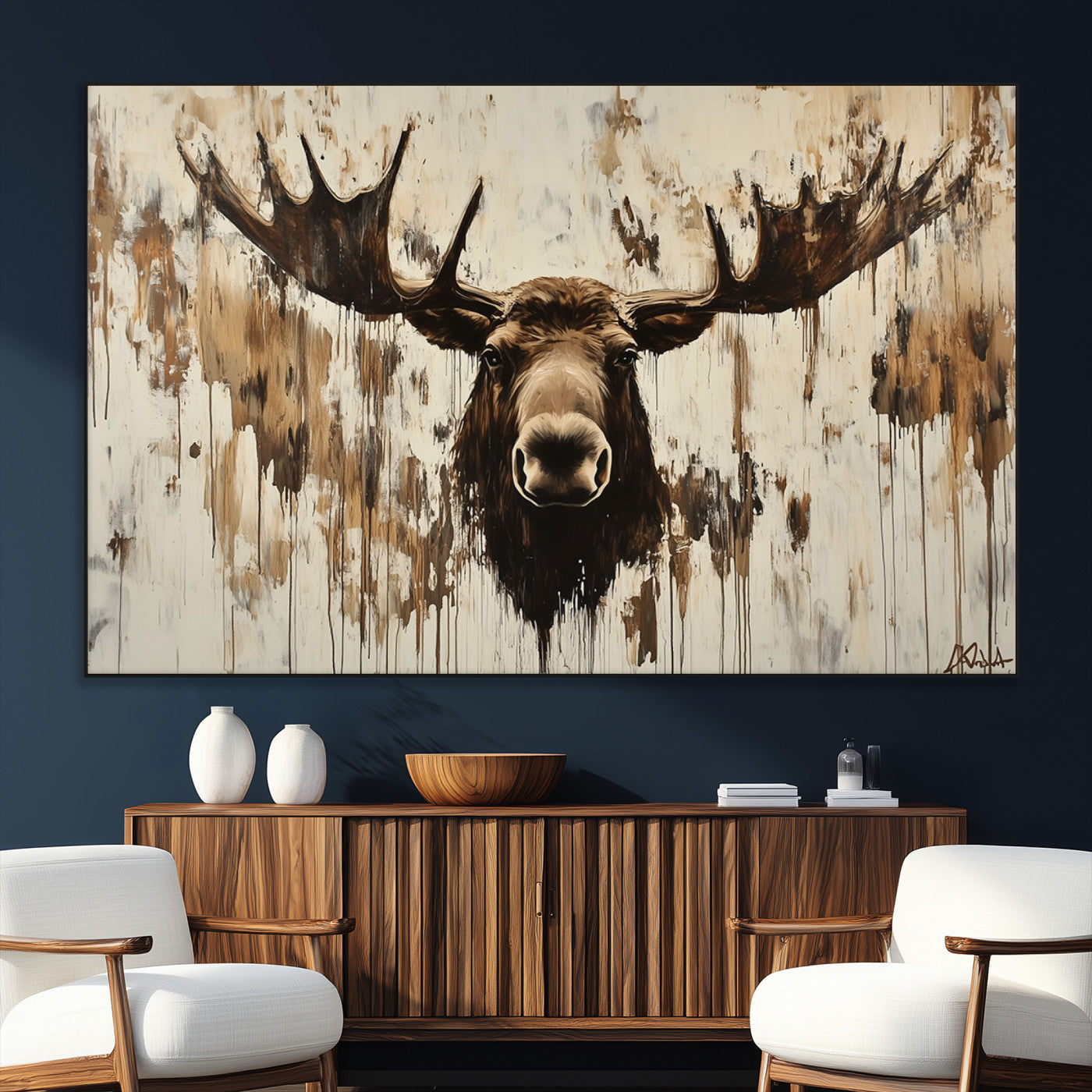34496536-SEG-FC-51X34_Oversize_Oversize-Rustic Moose Wall Art – Modern Abstract Animal Canvas Print – Majestic Moose Head Painting with Neutral Earth Tones for Cabin,