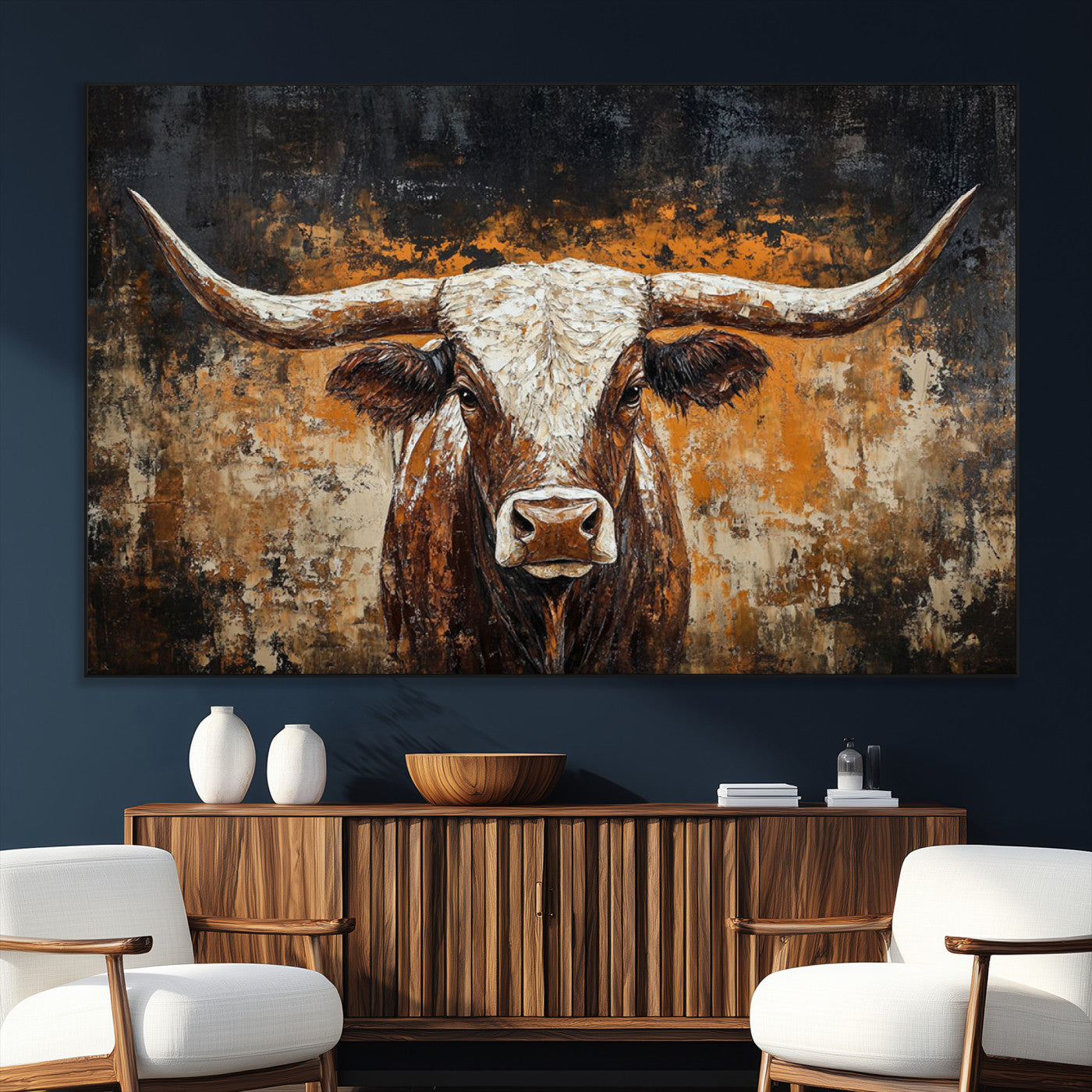 25265572-MGV-CV-36X24-Longhorn Bull Wall Art – Rustic Western Texas Steer Canvas Print, Textured Animal Painting for Home, Office, Man Cave or Farmhouse