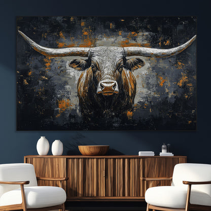 93195031-SEG-FC-51X34_Oversize_Oversize-Dark Longhorn Bull Wall Art – Western Steer Canvas Print, Moody Rustic Animal Painting for Man Cave, Ranch House, Office or Modern