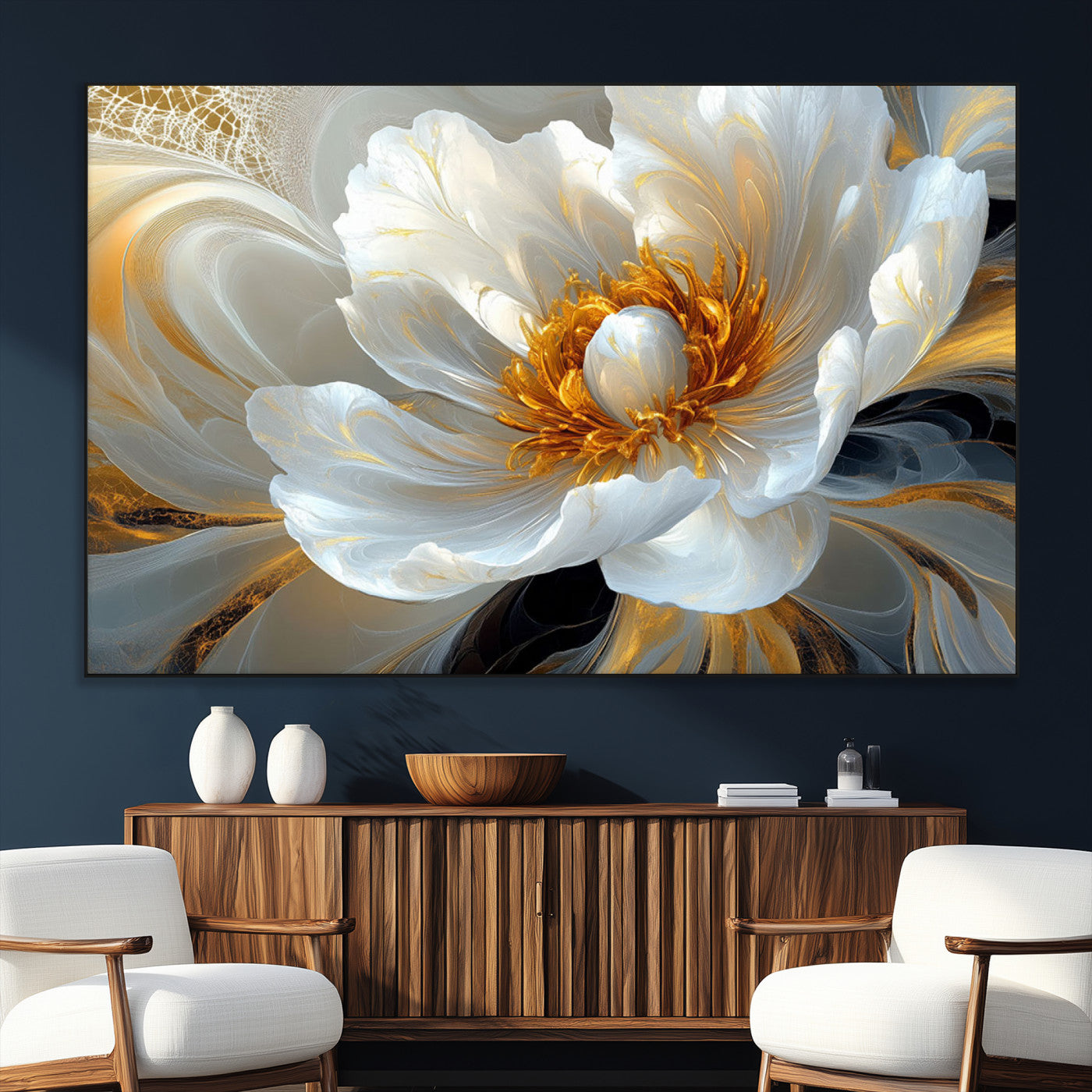 39604126-SEG-FC-51X34_Oversize_Oversize-Abstract Flower Wall Art – Elegant White and Gold Bloom Canvas Print, Modern Floral Artwork for Bedroom, Living Room, or Office