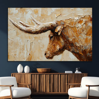 69611428-SEG-FC-51X34_Oversize_Oversize-Longhorn Bull Wall Art – Rustic Western Canvas Print, Textured Farmhouse Cattle Painting for Living Room, Office, or Ranch House