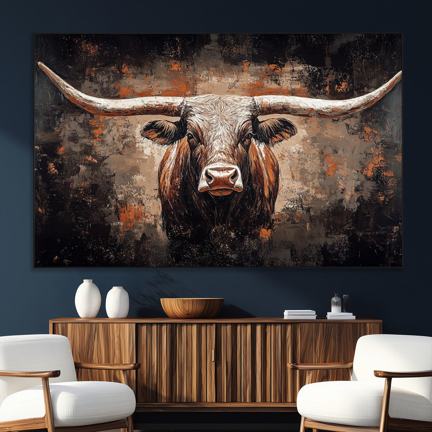 24779067-SEG-FC-51X34_Oversize_Oversize-Longhorn Bull Wall Art – Western Rustic Canvas Print, Bold Cowboy Cattle Painting for Ranch House, Farmhouse, Office, or Living