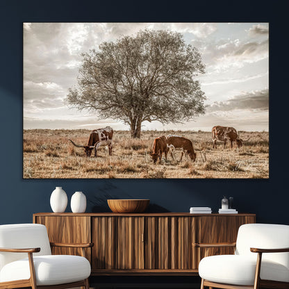 87590224-SEG-FC-51X34_Oversize_Oversize-Longhorn Cattle Wall Art – Rustic Western Landscape Canvas Print, Texas Farmhouse Prairie Scene for Living Room, Office, or Ranch