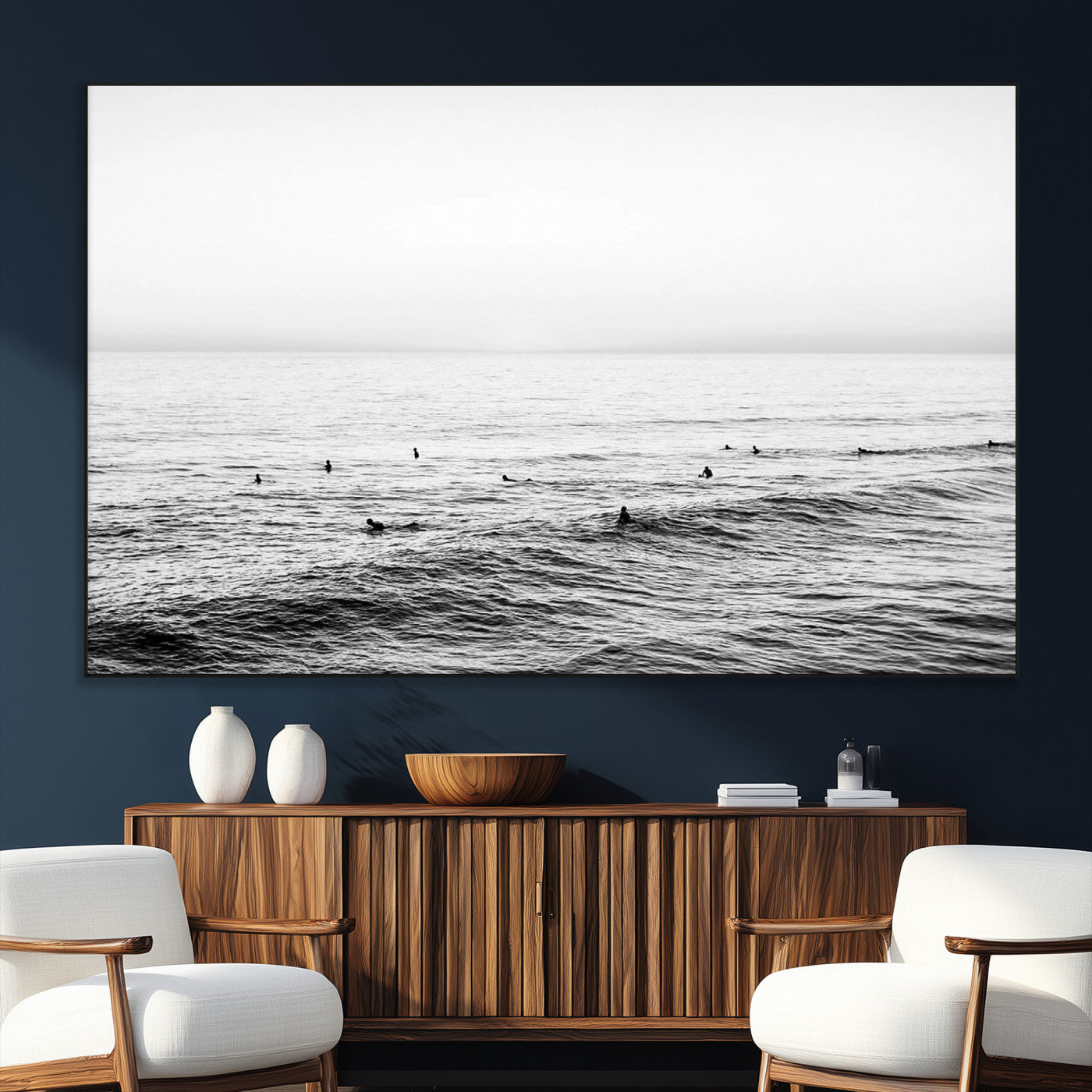 47208268-SEG-FC-51X34_Oversize_Oversize-Surfer Ocean Wall Art – Black and White Coastal Canvas Print, Minimalist Surfing Seascape Decor for Living Room, Bedroom, or Beach