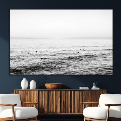 47208268-SEG-FC-51X34_Oversize_Oversize-Surfer Ocean Wall Art – Black and White Coastal Canvas Print, Minimalist Surfing Seascape Decor for Living Room, Bedroom, or Beach