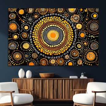 45478523-SEG-FC-51X34_Oversize_Oversize-Abstract Circle Wall Art – Bold Black and Gold Dot Painting Canvas Print, Modern Geometric Mandala Style Decor for Living Room or
