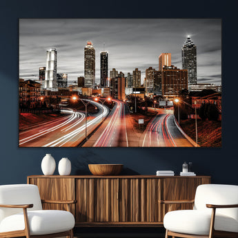 59097239-MGV-CV-36X24-City Skyline Wall Art – Modern Black and White Night Canvas Print with Red Light Trails, Urban Landscape Decor for Living Room or