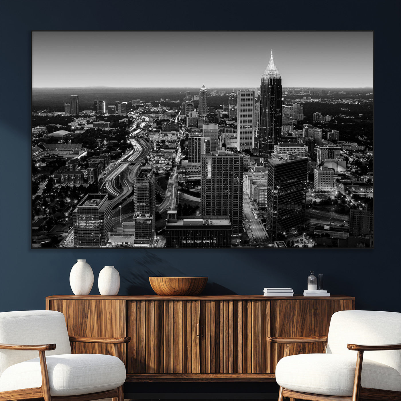 46578567-SEG-FC-51X34_Oversize_Oversize-Atlanta Skyline Wall Art – Black and White Cityscape Canvas Print, Modern Urban Night Decor for Office, Living Room, or Apartment
