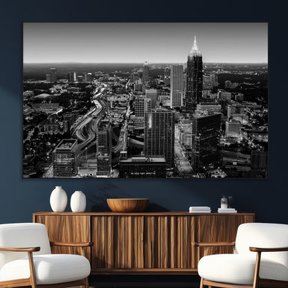 46578567-SEG-FC-51X34_Oversize_Oversize-Atlanta Skyline Wall Art – Black and White Cityscape Canvas Print, Modern Urban Night Decor for Office, Living Room, or Apartment