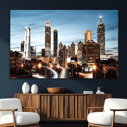23859158-SEG-FC-51X34_Oversize_Oversize-Atlanta Skyline Wall Art – Modern Cityscape Canvas Print with Night Lights and Traffic Trails, Urban Decor for Office, Apartment,