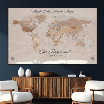 95243244-SEG-FC-51X34_Oversize_Oversize-Wander Often Wonder Always World Map Wall Art – Neutral Beige Adventure Canvas Print, Rustic Boho Travel Decor for Bedroom, Living