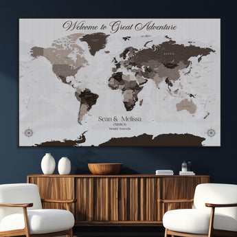 43749658-SEG-FC-51X34_Oversize_Oversize-Welcome to Great Adventure World Map Wall Art – Charcoal Gray Canvas Print, Rustic Travel Decor for Living Room, Study, Office or