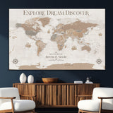 63516865-MGV-CV-36X24-Explore Dream Discover World Map Wall Art – Inspirational Travel Adventure Canvas Print, Neutral Parchment Style Explorer Decor
