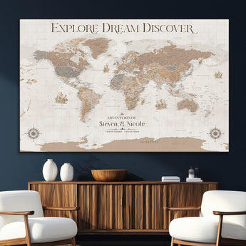 63516865-MGV-CV-36X24-Explore Dream Discover World Map Wall Art – Inspirational Travel Adventure Canvas Print, Neutral Parchment Style Explorer Decor