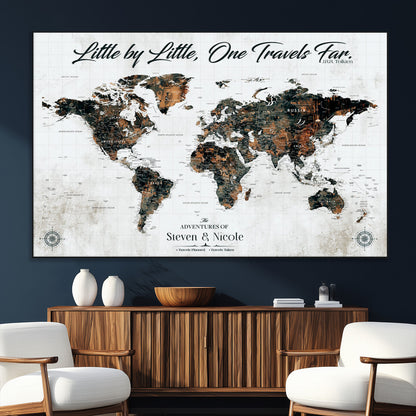 88337180-SEG-FC-51X34_Oversize_Oversize-Little by Little One Travels Far Tolkien Quote World Map Rustic Black Brown Adventure Wall Art Canvas Print for Home Office Living