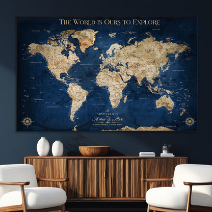 54782997-SEG-FC-51X34_Oversize_Oversize-The World is Ours to Explore Wall Art – Blue World Map Canvas Print, Adventure Travel Decor for Home, Office or Living Room,