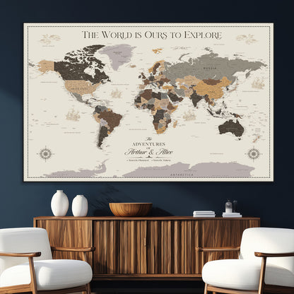 90024882-SEG-FC-51X34_Oversize_Oversize-The World is Ours to Explore Wall Art – Earth Tone World Map Canvas Print, Adventure Travel Decor for Living Room, Office or