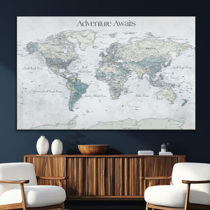 TEST111-SEG-FC-51X34_Oversize_Oversize-Personalized Adventure Awaits Push Pin World Map – Custom Framed Travel Tracker Canvas Wall Art for Home, Office