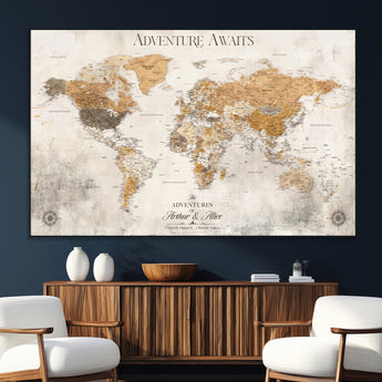 99422096-SEG-FC-51X34_Oversize_Oversize-Adventure Awaits World Map Wall Art – Neutral Beige Canvas Print, Modern Travel Inspired Wall Decor for Living Room, Bedroom or