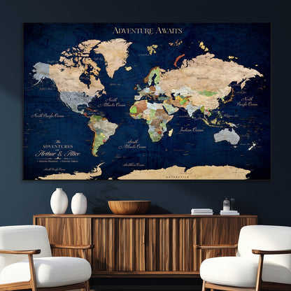 43160428-SEG-FC-51X34_Oversize_Oversize-Adventure Awaits Navy Blue World Map – Vibrant Travel Canvas Wall Art, Antique Atlas Print, Wanderlust Decor for Home Office