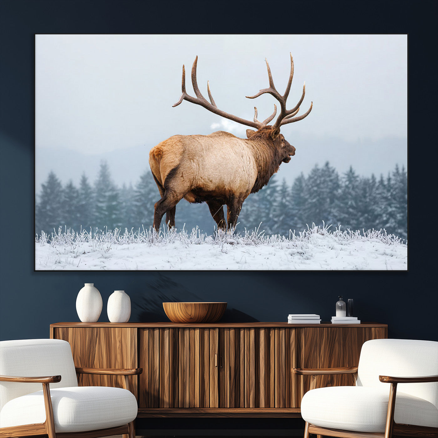 85177251-SEG-FC-51X34_Oversize_Oversize-Elk Wall Art – Majestic Wildlife Canvas Print of Bull Elk Snowy Forest, Rustic Nature Decor for Living Room, Cabin, or Office