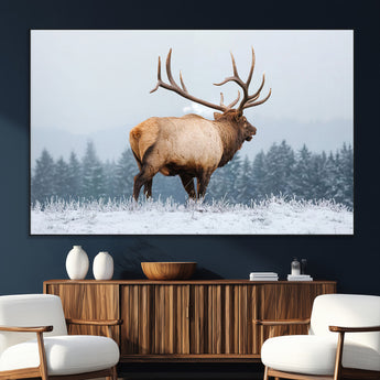 85177251-SEG-FC-51X34_Oversize_Oversize-Elk Wall Art – Majestic Wildlife Canvas Print of Bull Elk Snowy Forest, Rustic Nature Decor for Living Room, Cabin, or Office