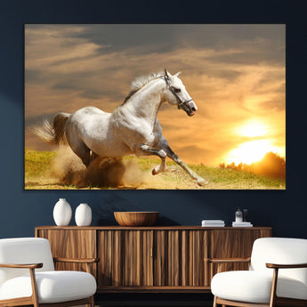 44295212-SEG-FC-51X34_Oversize_Oversize-Horse Wall Art – Running White Stallion Canvas Print with Sunset Background, Western Wildlife Decor for Living Room, Office, or