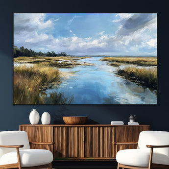 87082041-MGV-CV-36X24-Marshland Landscape Wall Art – Serene Nature Canvas Print with Blue Sky and Reflections, Tranquil Scenic Painting for Living Room,