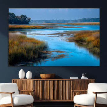 26300004-MGV-CV-36X24-Marshland Landscape Wall Art – Scenic Nature Canvas Print with Golden Grass and Blue Water, Peaceful River Photography for Living