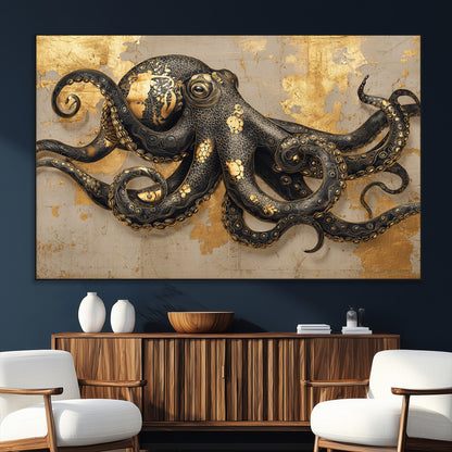 57944271-MGV-CV-36X24-Octopus Wall Art – Black and Gold Nautical Canvas Print, Modern Ocean Inspired Artwork with Elegant Detailing, Coastal Marine