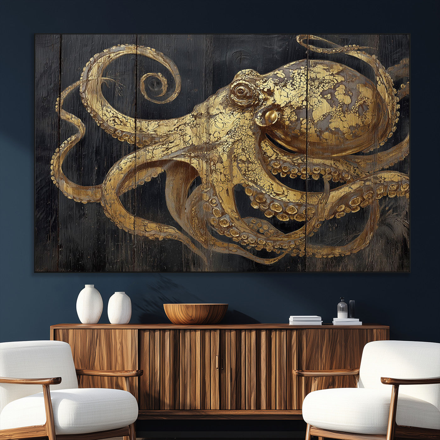 47056538-MGV-CV-36X24-Octopus Wall Art – Gold Nautical Canvas Print with Rustic Wood Texture, Marine Creature Artwork for Coastal Ocean Decoration in