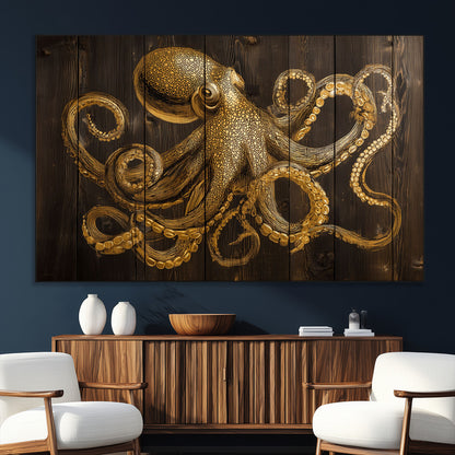 56769669-SEG-FC-51X34_Oversize_Oversize-Octopus Wall Art – Gold Nautical Canvas Print with Rustic Wood Panel Design, Detailed Marine Artwork for Coastal Ocean Decoration