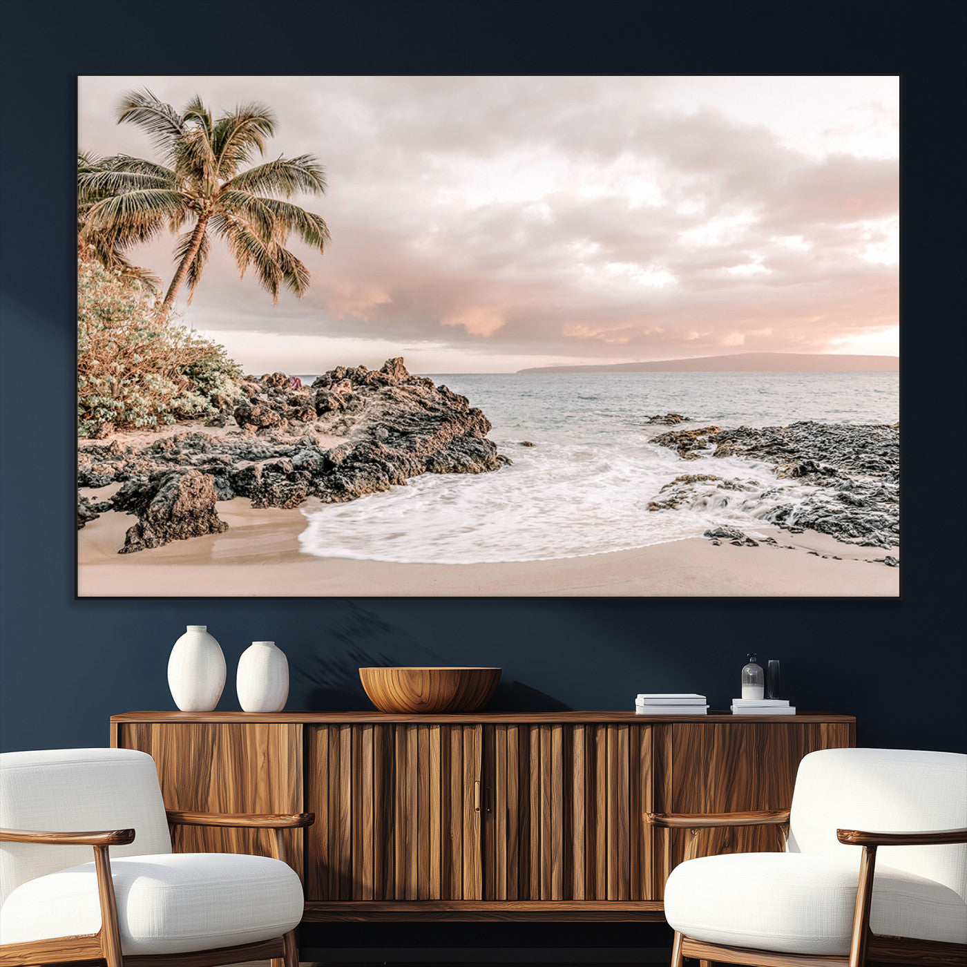 18005328-SEG-FC-51X34_Oversize_Oversize-Tropical Beach Wall Art – Coastal Ocean Canvas Print with Palm Tree, Sunset Sky and Rocky Shore, Serene Seascape Photography for