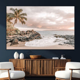 18005328-SEG-FC-51X34_Oversize_Oversize-Tropical Beach Wall Art – Coastal Ocean Canvas Print with Palm Tree, Sunset Sky and Rocky Shore, Serene Seascape Photography for