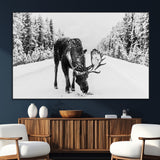 38956835-MGV-CV-36X24-Moose Winter Snowy Forest Canvas Wall Art – Wildlife Nature, Antlers in Frozen Landscape, Quiet Path, Cold Season Outdoors Print