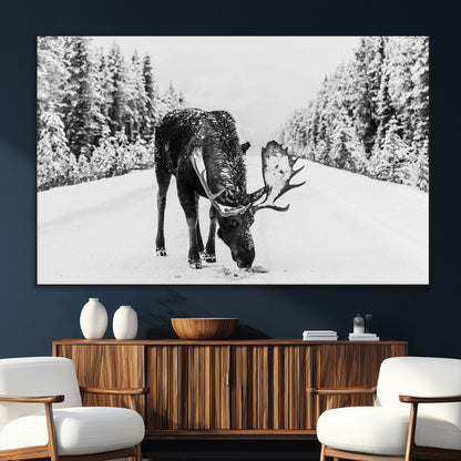 38956835-MGV-CV-36X24-Moose Winter Snowy Forest Canvas Wall Art – Wildlife Nature, Antlers in Frozen Landscape, Quiet Path, Cold Season Outdoors Print