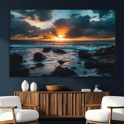 66040852-MGV-CV-36X24-Ocean Sunset Canvas Wall Art – Rocky Shore Waves, Dramatic Clouds, Golden Sun Rays, Coastal Nature, Serene Water Reflection for