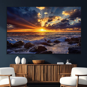 35900590-SEG-FC-51X34_Oversize_Oversize-Ocean Sunset Wall Art – Vivid Seascape Canvas Print with Sunburst Sky, Crashing Waves and Rocky Shore, Dramatic Coastal